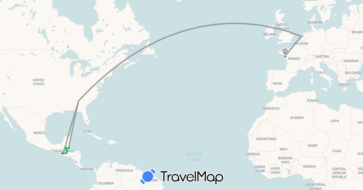 TravelMap itinerary: driving, bus, plane, boat in Belize, France, Guatemala, Honduras, Netherlands, United States (Europe, North America)